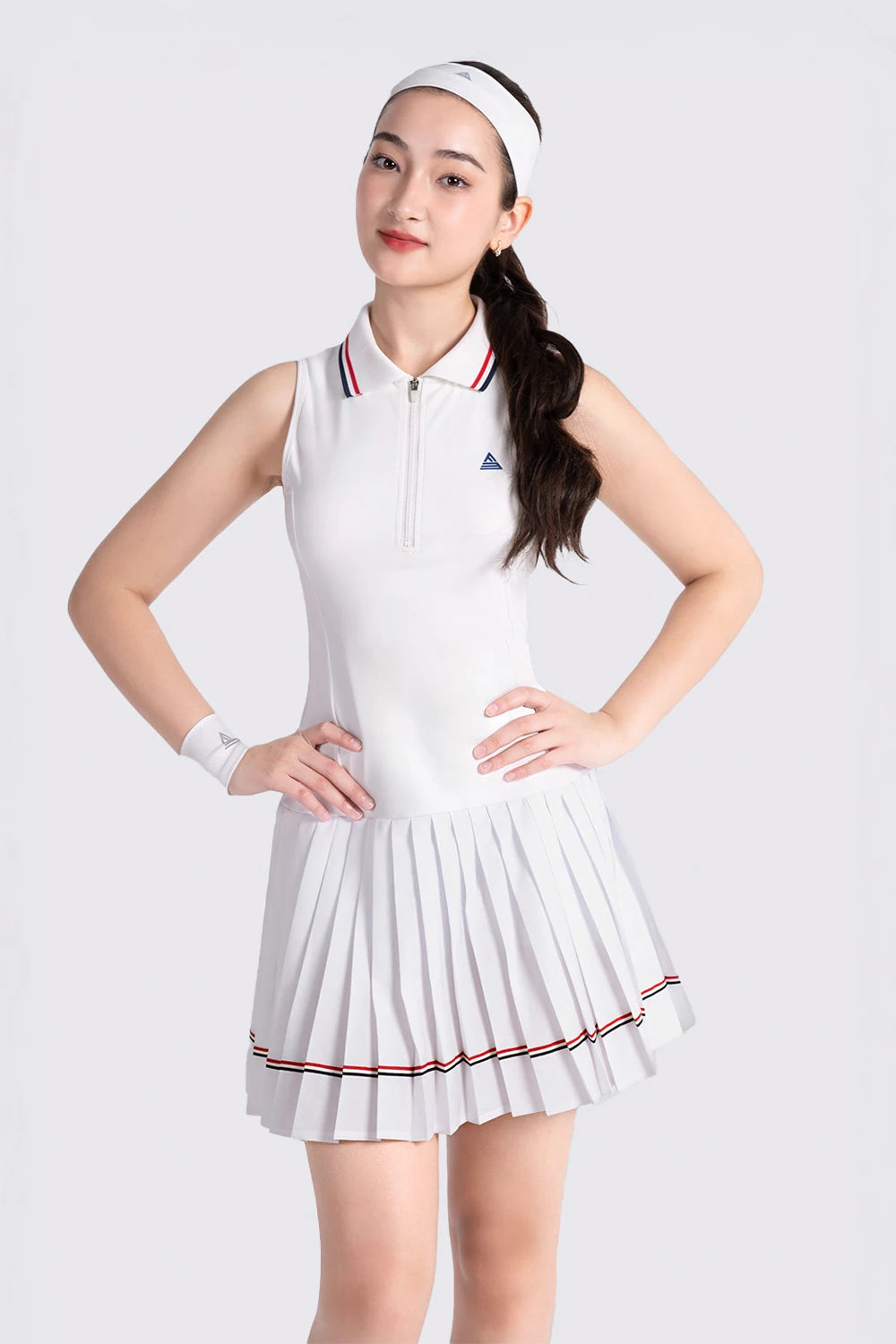 Tennis Dress Sleeveless Pleated LIBRE - White/Red
