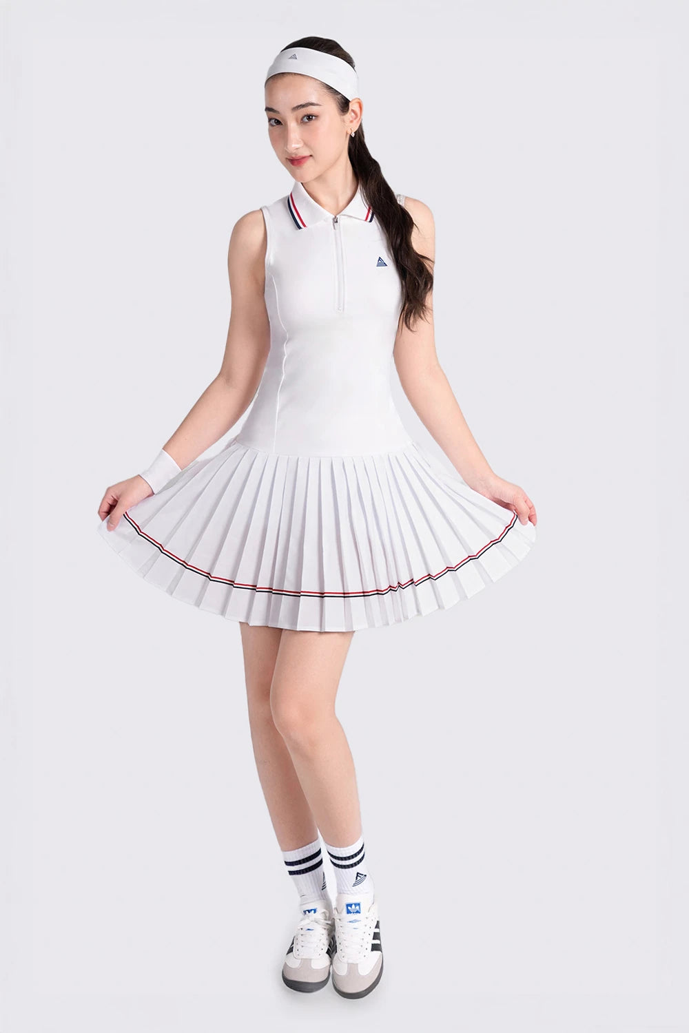 Tennis Dress Sleeveless Pleated LIBRE - White/Red
