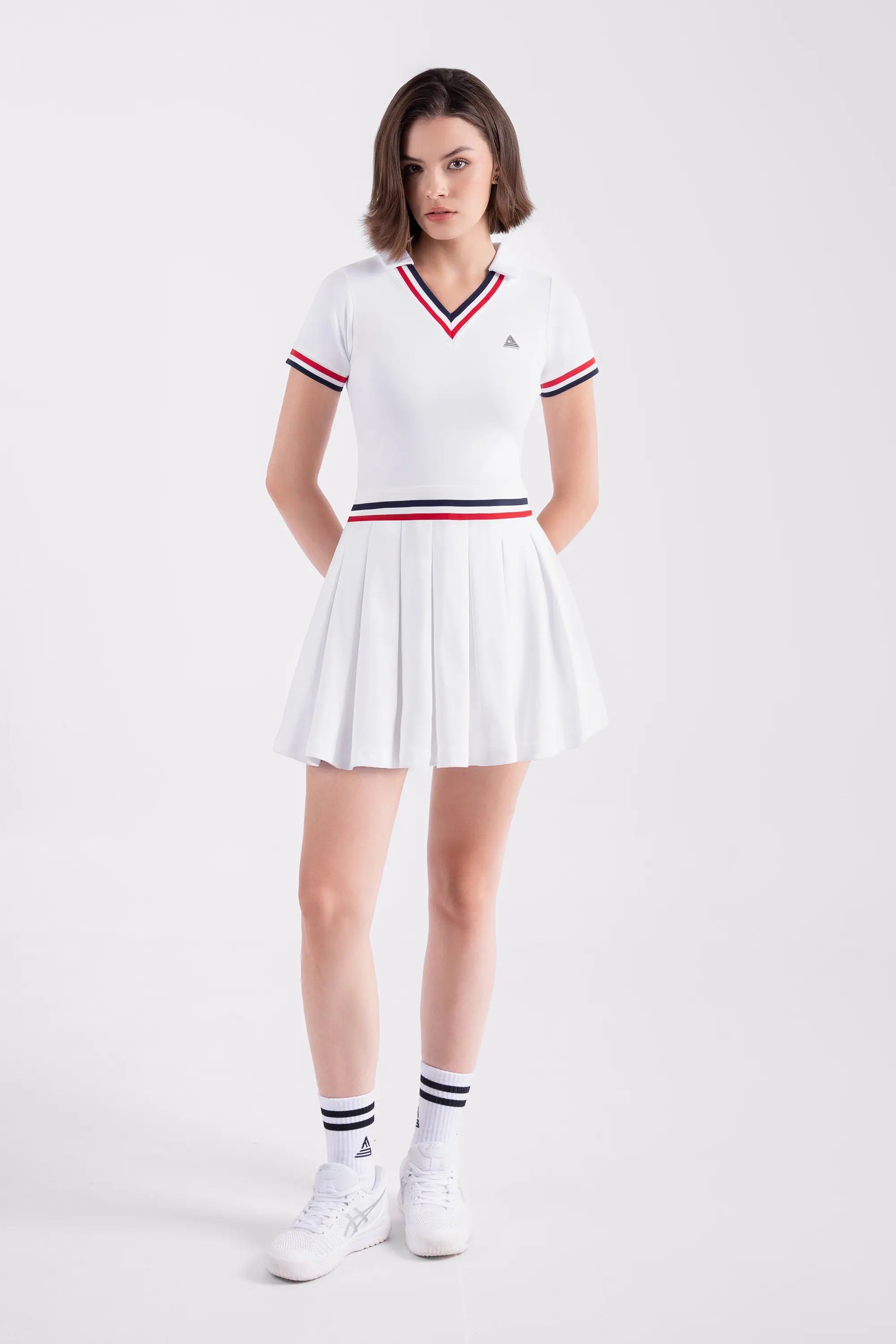 Tennis Dress Pleated V-Neck GLORY - White/Red