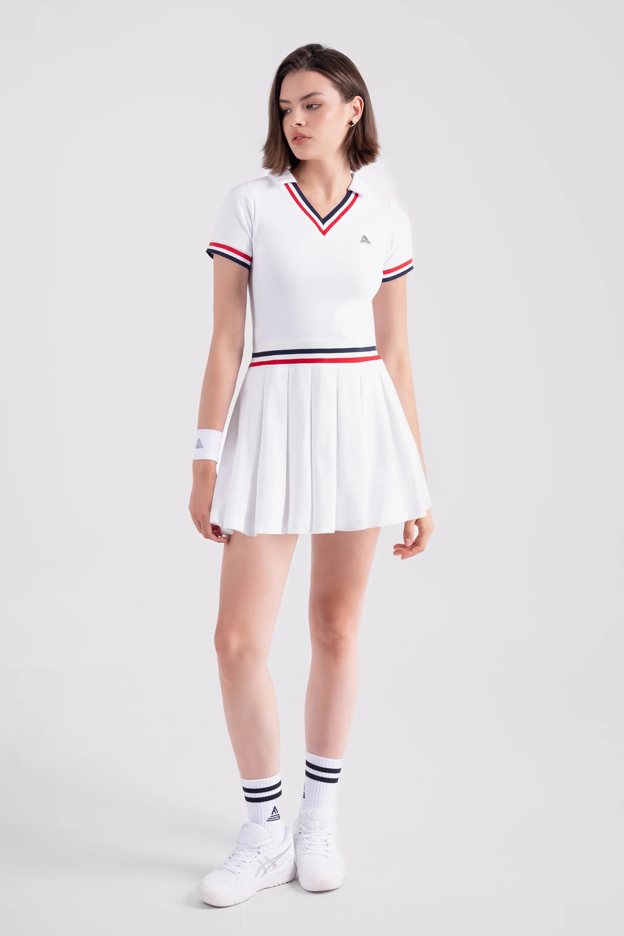 Tennis Dress Pleated V-Neck GLORY - White/Red