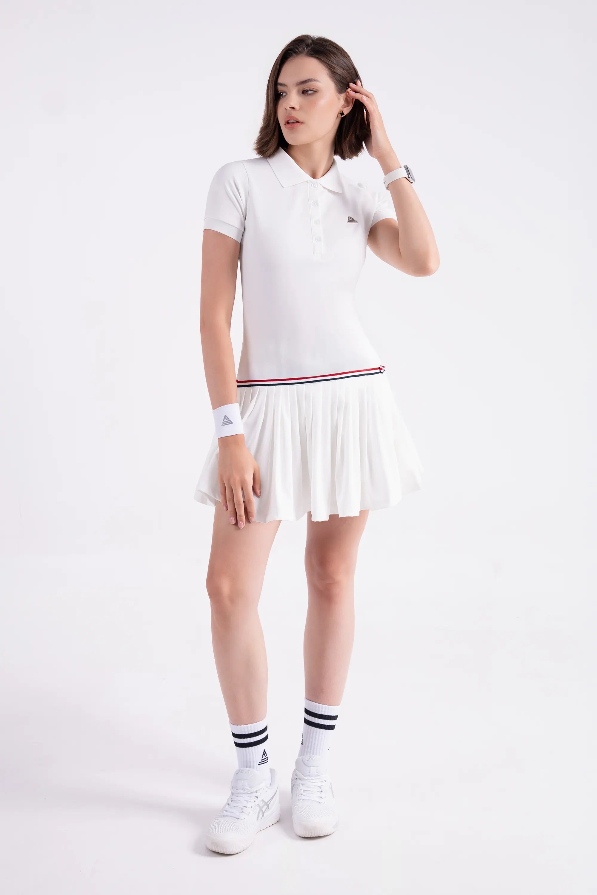 Tennis Dress Pleated Button FLAIR - White/Red