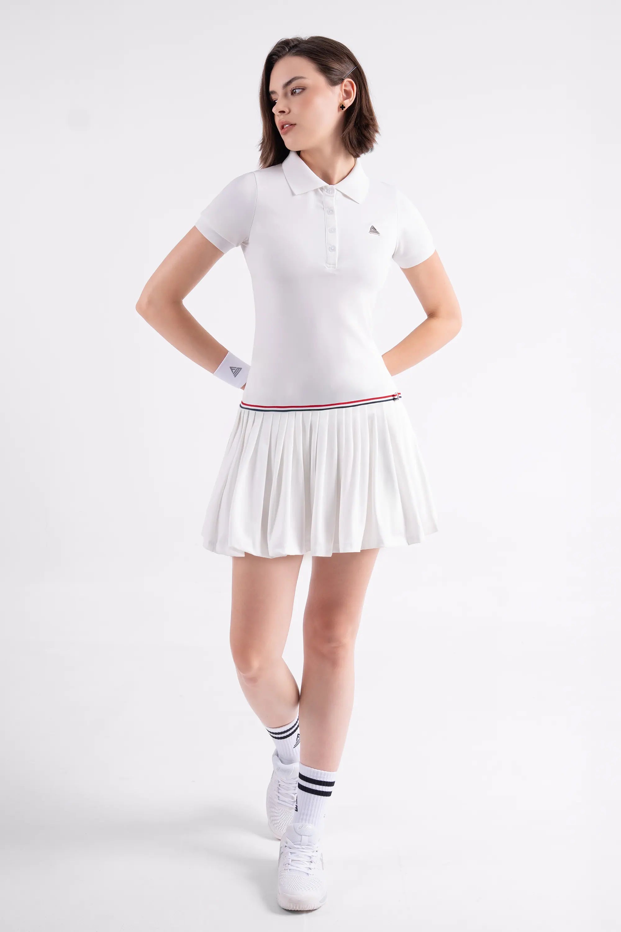 Tennis Dress Pleated Button FLAIR - White/Red
