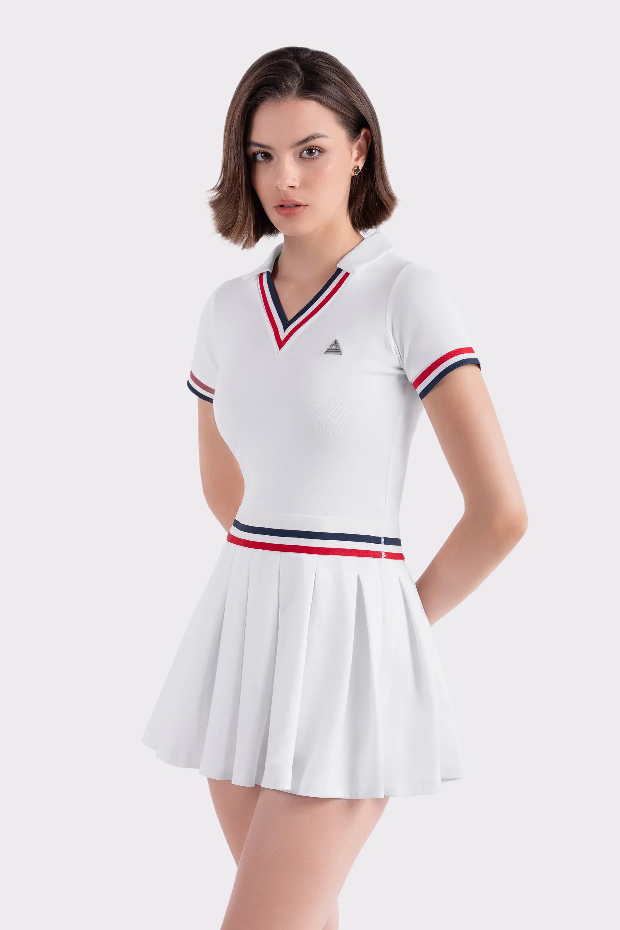 Tennis Dress Pleated V-Neck GLORY - White/Red