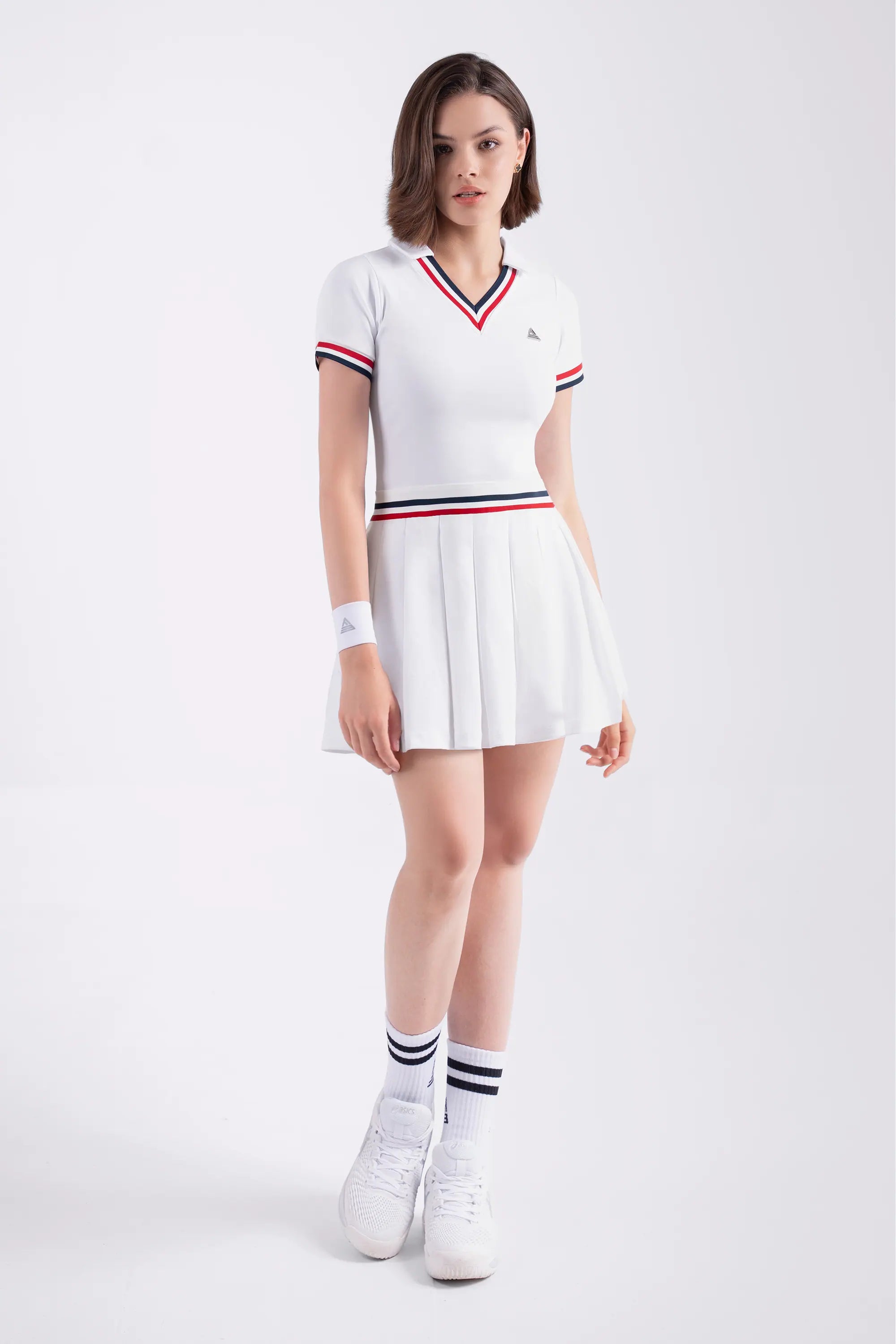 Tennis Dress Pleated V-Neck GLORY - White/Red