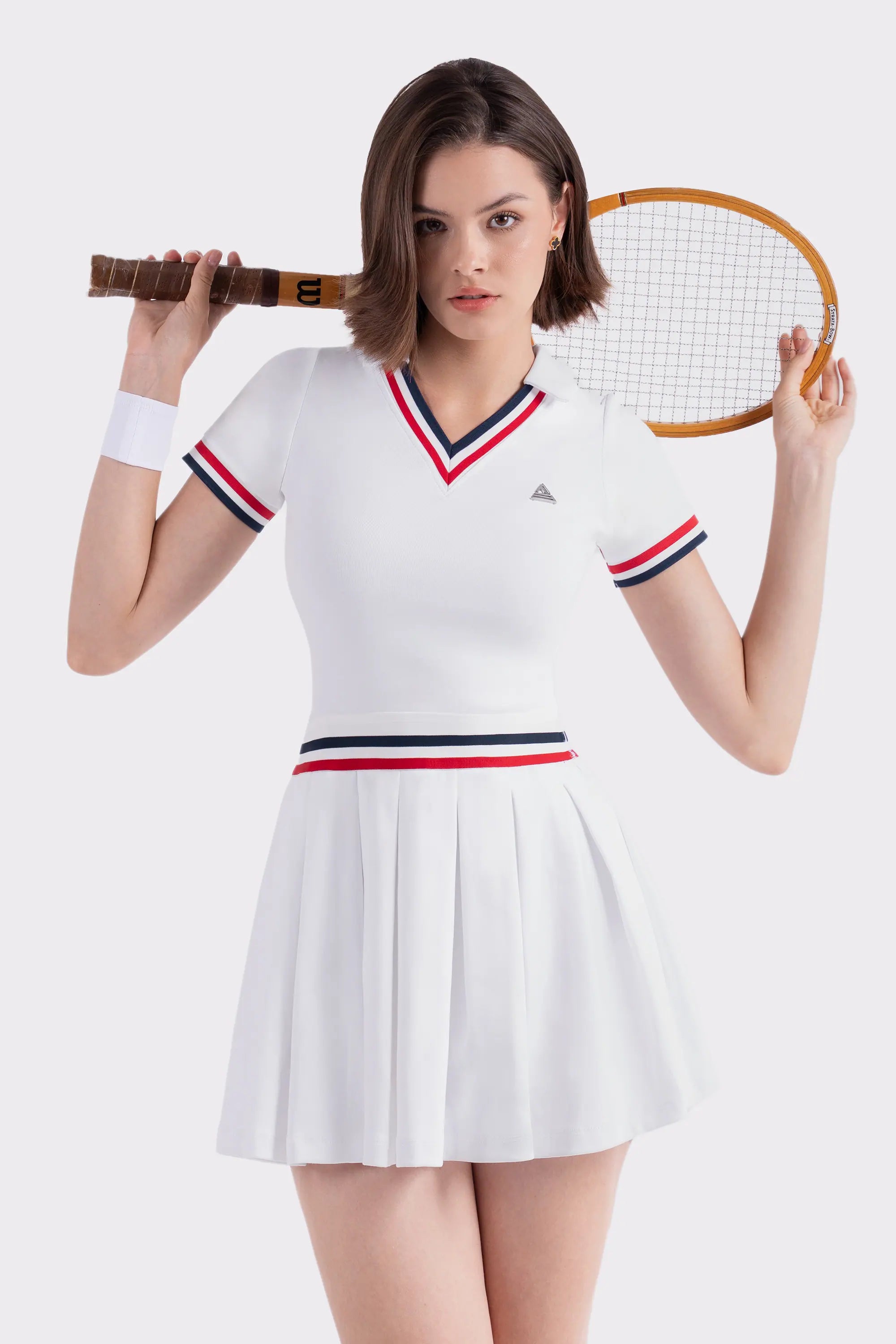 Tennis Dress Pleated V-Neck GLORY - White/Red